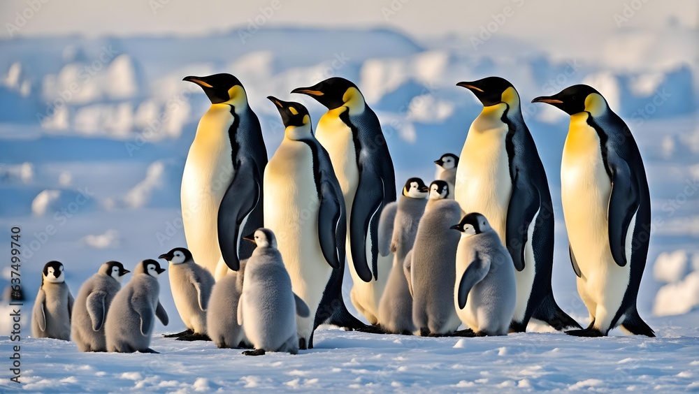 Fototapeta premium A view of a cute Emperor Penguin couple with a small offspring, on snowy Antarctic landscape.
