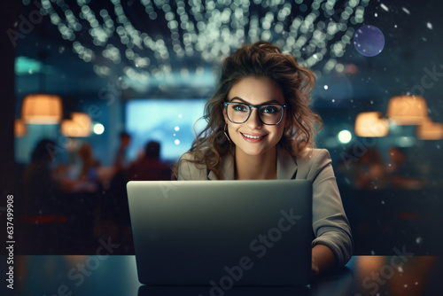 Lifestyle, occupation concept. Beautiful and happy young girl working with computer in cozy place. Generative AI