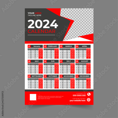 Creative 2024 new year wall calendar design template Vector, Editable high-quality print-ready calendar design template (ID: 637500953)