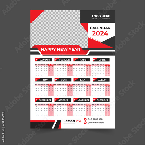 Creative 2024 new year wall calendar design template Vector, Editable high-quality print-ready calendar design template (ID: 637500976)