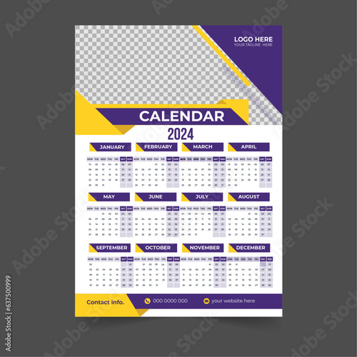 Creative 2024 new year wall calendar design template Vector, Editable high-quality print-ready calendar design template (ID: 637500999)