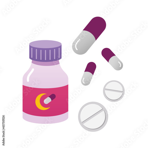 Bottle of sleeping pills. Dormitive tablets. pills for better sleeping. Cartoon illustration, flat design. Cartoon illustration, flat design.