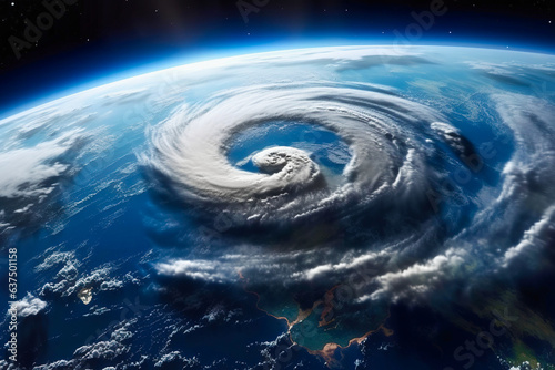 Aerial shot of a hurricane over planet Earth as seen from outside the planet s atmosphere in outer space  a swirling mass of cloud formation - Generative AI