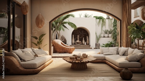 Generative AI, Living room interior, mediterranean boho style