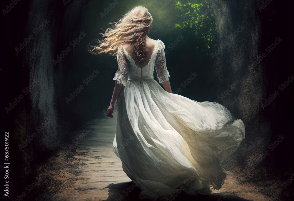 A woman in a white dress runs off into the distance. AI Generated A woman in a white dress runs off into the distance. AI Generated