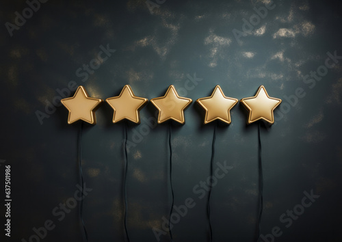 Five gold star rating on dark background. Feedback, review, and rate us concept