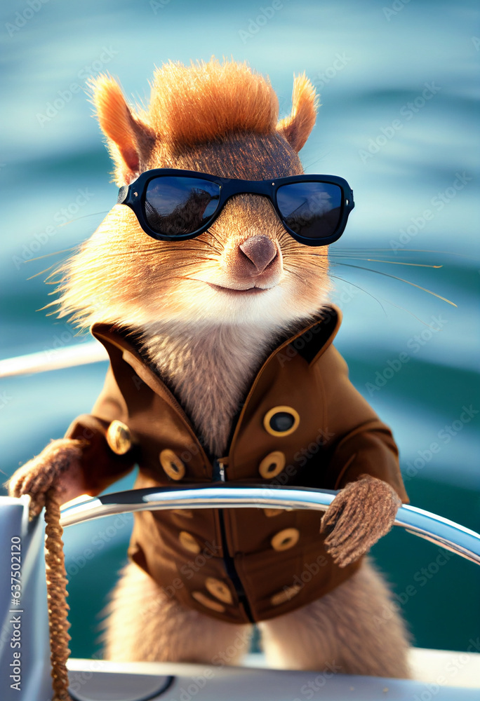Funny squirrel in a jacket and sunglasses traveling on a yacht. AI Generated
