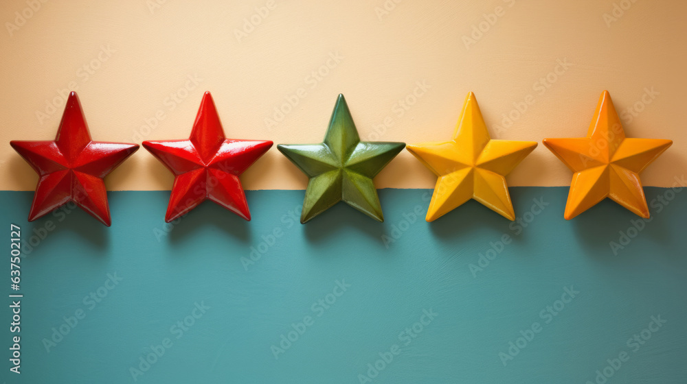 Fototapeta premium Five star rating on white and blue .background. Feedback, review, and rate us concept. 