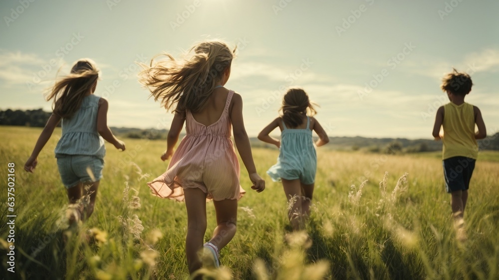 boys and children run in the meadow at sunset happy and in company. Friendship and fun. Freedom among boys and young people, long live life, enjoy life. New opportunities. New beginning. AI generative boys and children run in the meadow at sunset happy and in company. Friendship and fun. Freedom among boys and young people, long live life, enjoy life. New opportunities. New beginning. AI generative
