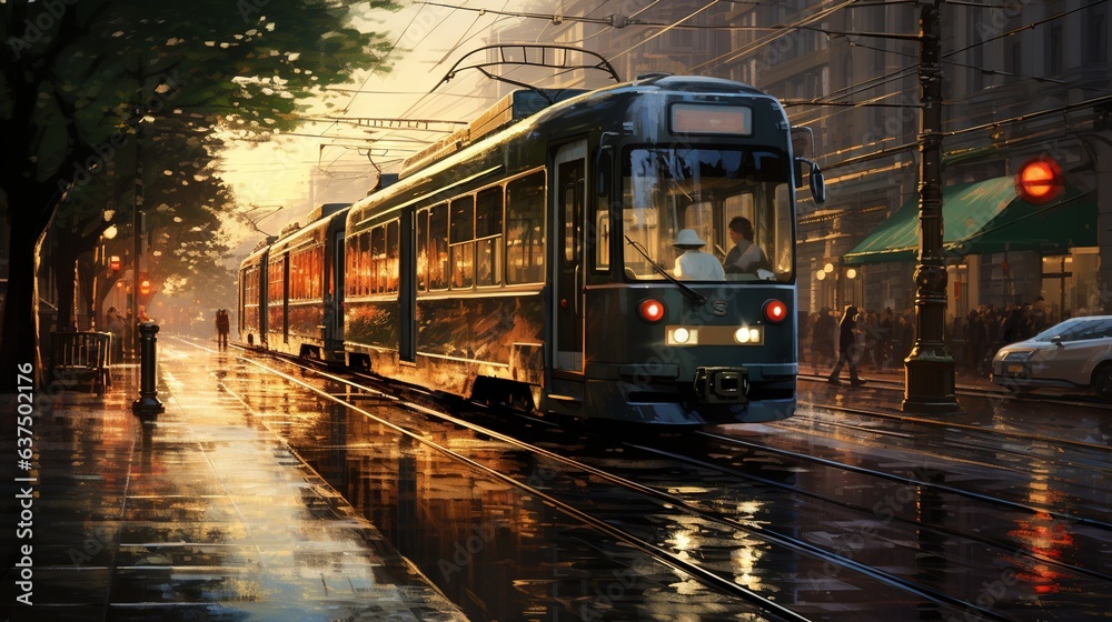 a painting of a train traveling down a rain soaked street.  generative ai