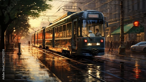  a painting of a train traveling down a rain soaked street. generative ai