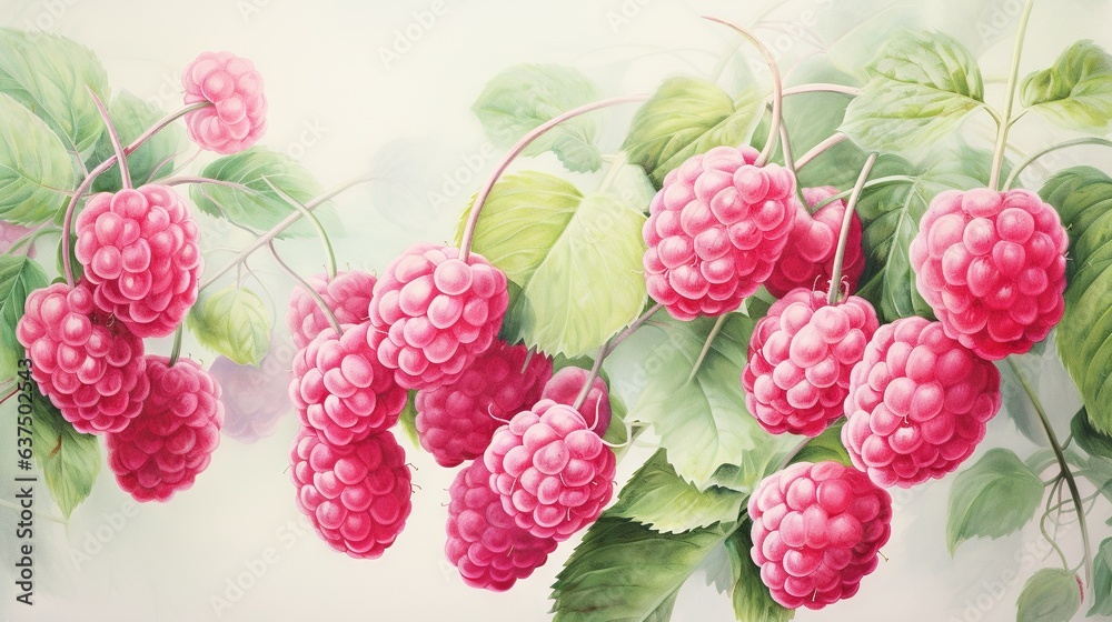 a painting of raspberries on a branch with leaves. generative ai a painting of raspberries on a branch with leaves. generative ai
