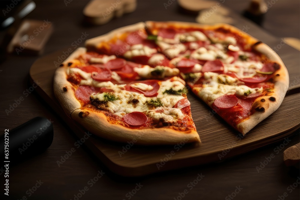 Pizza on a wooden board with a slice cut out of it 