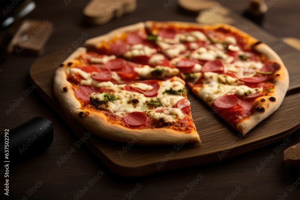 Pizza on a wooden board with a slice cut out of it Pizza on a wooden board with a slice cut out of it