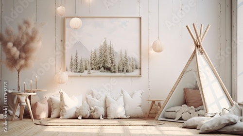 Scandinavian and boho themed childrens interior with a framing mock up, depicted in a 3D render and illustration.