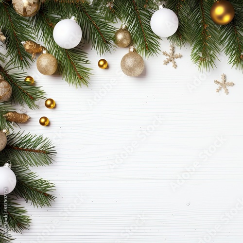 Christmas card template with decorations and branches of a Christmas tree, gifts on a white background with space for text