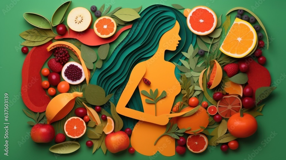 Fototapeta premium Beautiful woman with fresh fruits, healthy food. Paper cut style background.