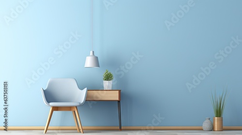  a blue room with a chair and a table with a plant.  generative ai
