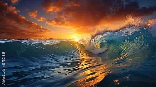  a large wave in the ocean with a sunset in the background.  generative ai © Anna