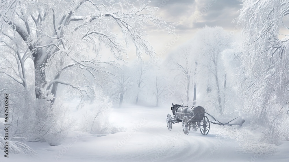  a horse drawn carriage traveling down a snow covered road next to trees.  generative ai
