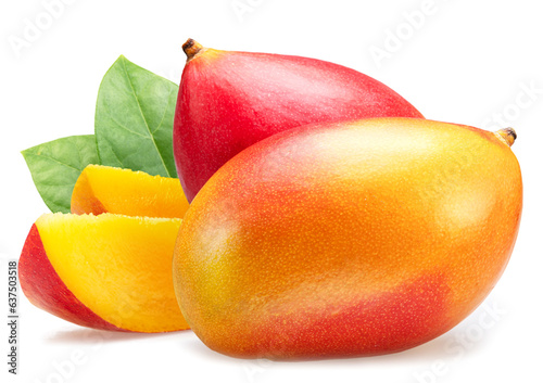 Mango fruits with green leaf and mango slices isolated on white background.