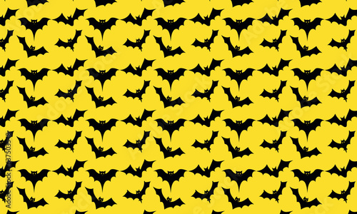 Fototapeta Naklejka Na Ścianę i Meble -  Seamless pattern of black bats in flight against a vibrant yellow background. This 2D, flat-style vector illustration is perfect for Halloween-themed projects, bat conservation awareness