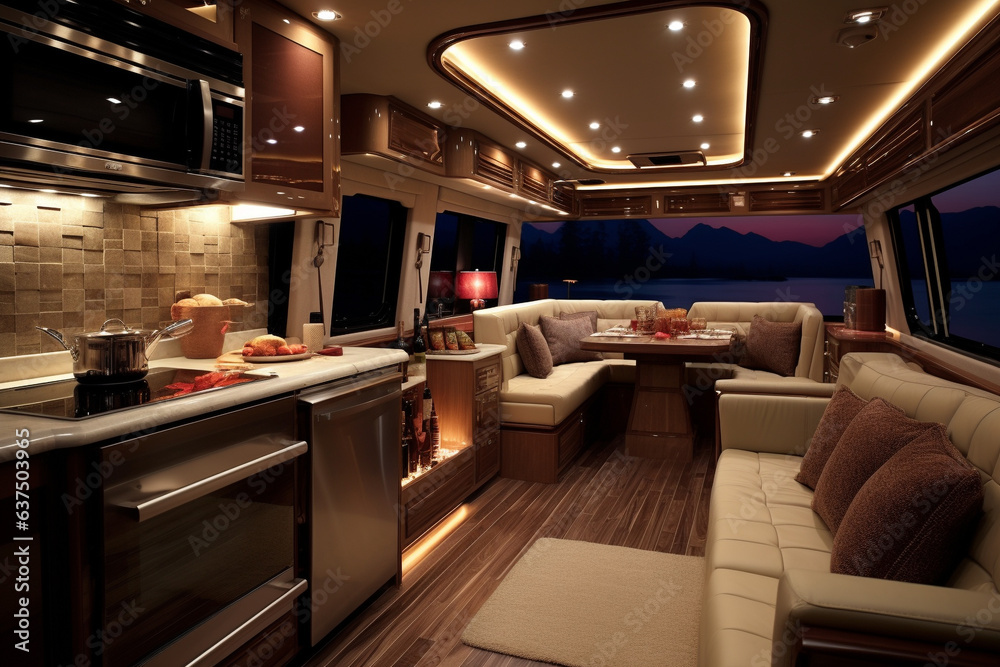 Fototapeta premium Tourist camper interior. Luxurious motorhome with kitchen and sofas.