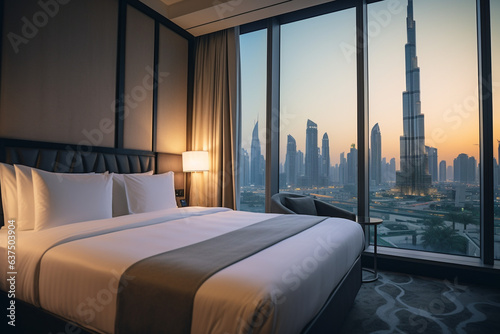 Foto The interior of an expensive hotel room overlooking Dubai.