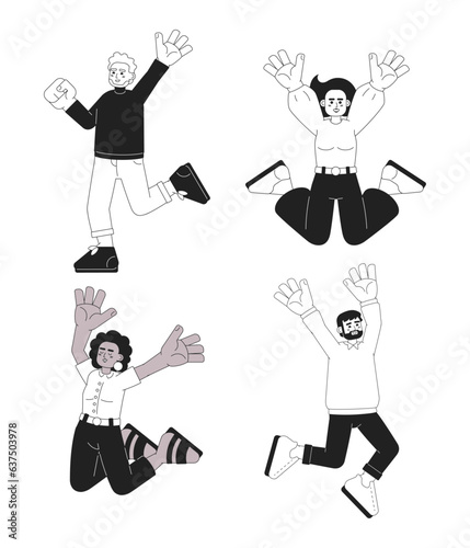 Happy people jumping monochromatic flat vector characters set. Multinational people. Raising arms up. Editable full body people on white. Simple cartoon spot illustration pack for web graphic design