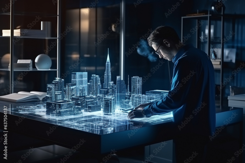 An engineer designs a city using a hologram and augmented reality screens. An engineer designs a city using a hologram and augmented reality screens.