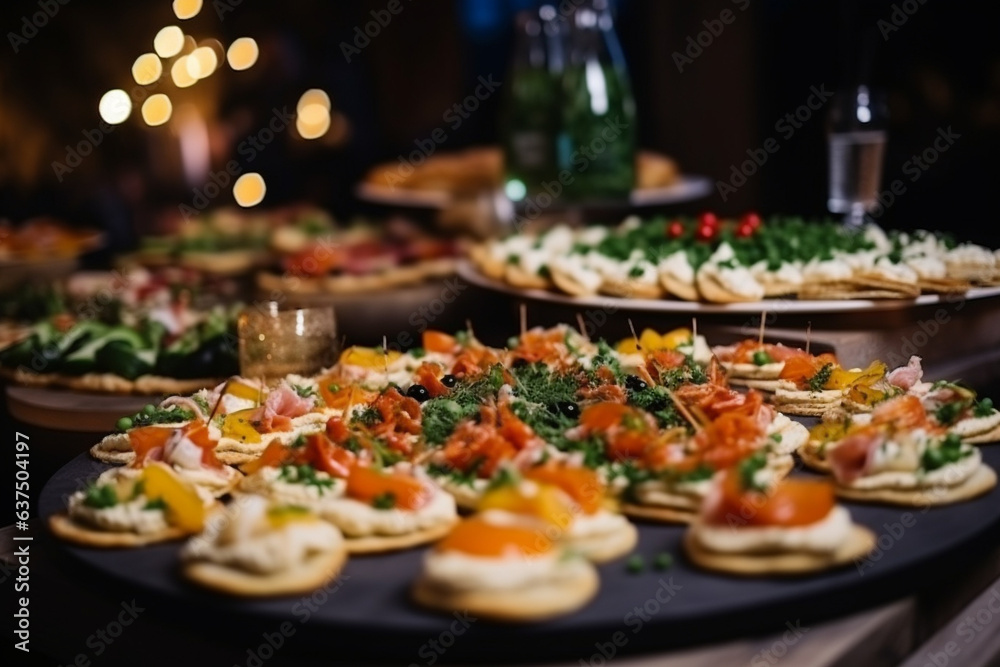 A buffet table served with various appetizers. Banquet catering.