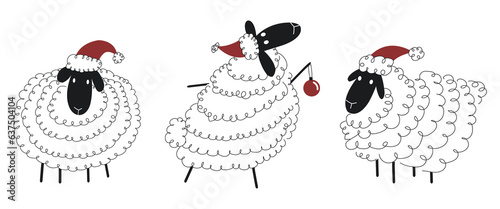 A set of three Christmas sheep, wearing red hat. New Year greeting card element. Winter holiday doodle character. Isolated on white.