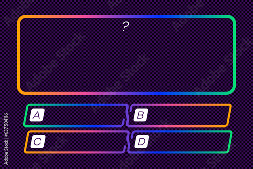 Vector template question and answers neon style for quiz game, exam, tv show, school, examination test. Illustration 10 eps