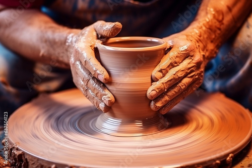 Close-up view of a potter's hand, a vase on a potter's wheel.