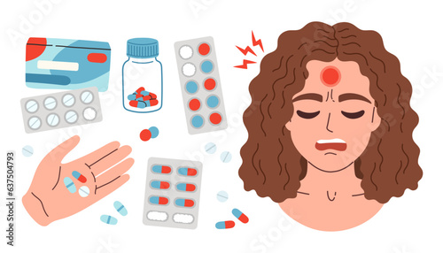 Headache pills set. Woman is having a headache. Girl feels anxiety and depression. Psychological health concept.