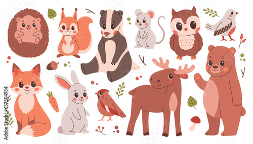 Big set of cute autumn animals, birds, plants. Fall season stickers and clipart. Thanksgiving design on white.