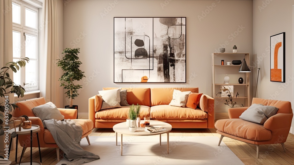 Modern Scandinavian apartment with living room in orange and beige colors, represented in a and illustration.