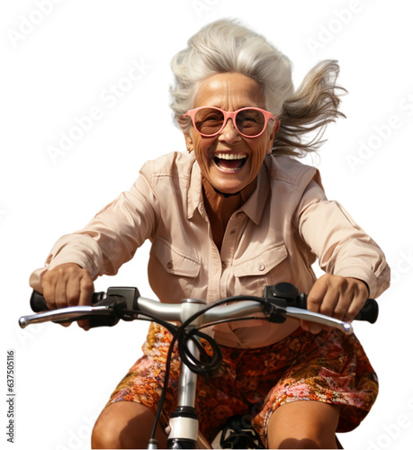 Szczęśliwa stara kobieta jedzie na rowerze. Widok z przodu, przeźroczystość, png.