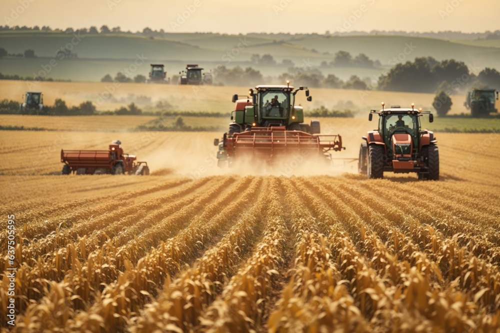 Fototapeta premium View of agriculture fields with two crop cutter. ai generative
