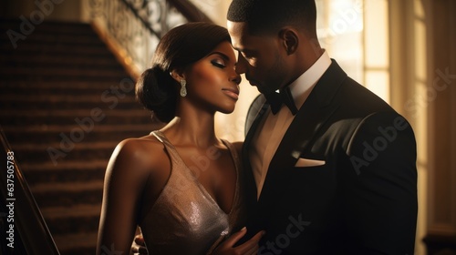 Candid photograph, mansion ballroom, black celebrity beauty couple in love, touching, classy outfit high angle shot film shot. Generative AI