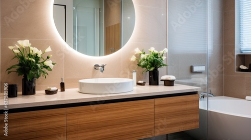 Modern bathroom contains stylish washbasin below large round mirror.