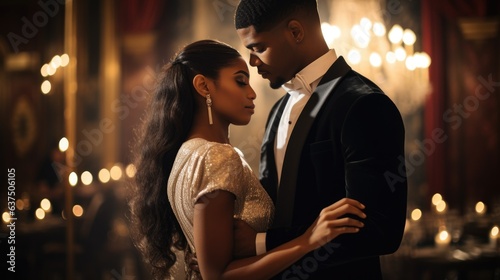 Candid photograph, mansion ballroom, black celebrity beauty couple in love, touching, classy outfit high angle shot film shot. Generative AI