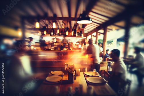 Blurred image of a restaurant with several tables, several visitors. The chefs and waiters are doing their job. Generated by artificial intelligence.