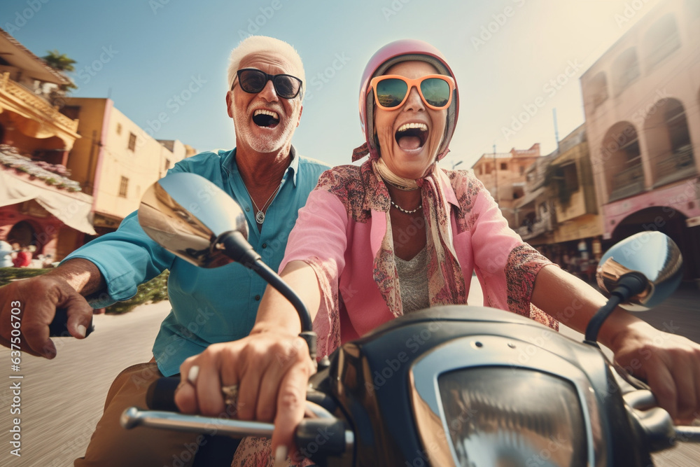 Happy excited elderly couple of tourists riding a scooter down the Arab city street. Travel retirement concept. AI generated.