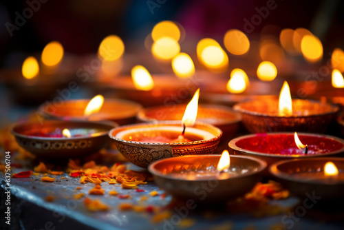 Happy Diwali. Burning diya oil lamps Traditional symbols of Indian festival. 
