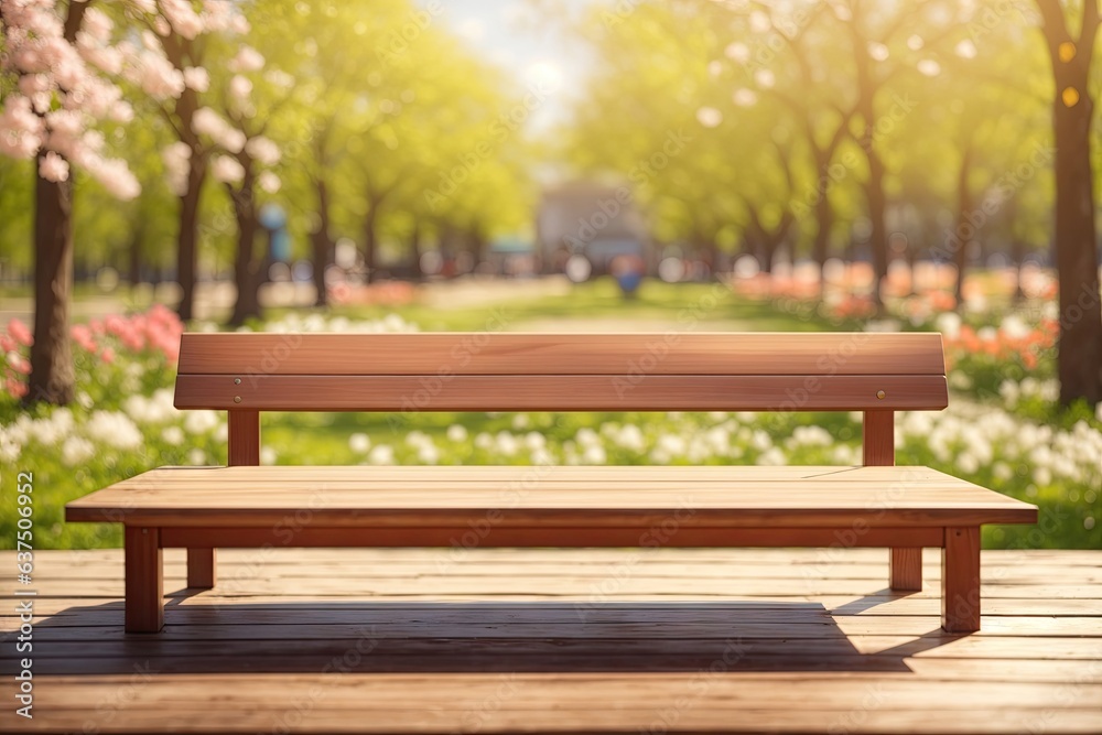 empty wooden desk in the spring park. ai generative