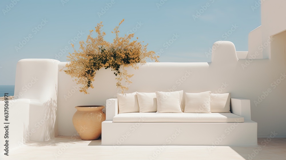 Fototapeta premium Generative AI, Ibiza aesthetic villa house and coast landscape, muted colors, minimalism