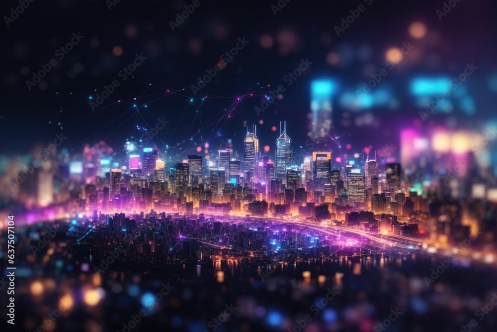 City skyline with network data conection on bokeh background. ai generative