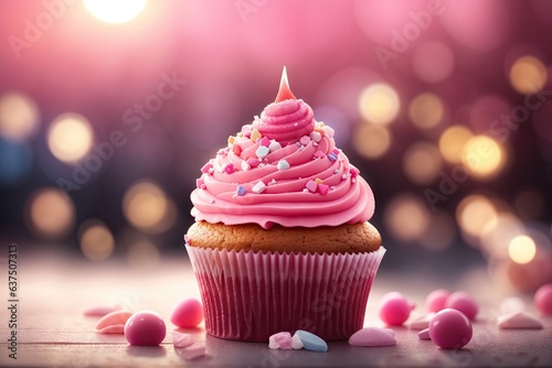 a cupcake with pink frosting and candy bokeh. ai generative