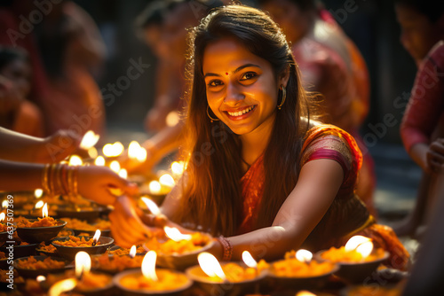 Indian women wearing traditional dress lighting diya lamps at temple on Diwali night. Religious ritual. 